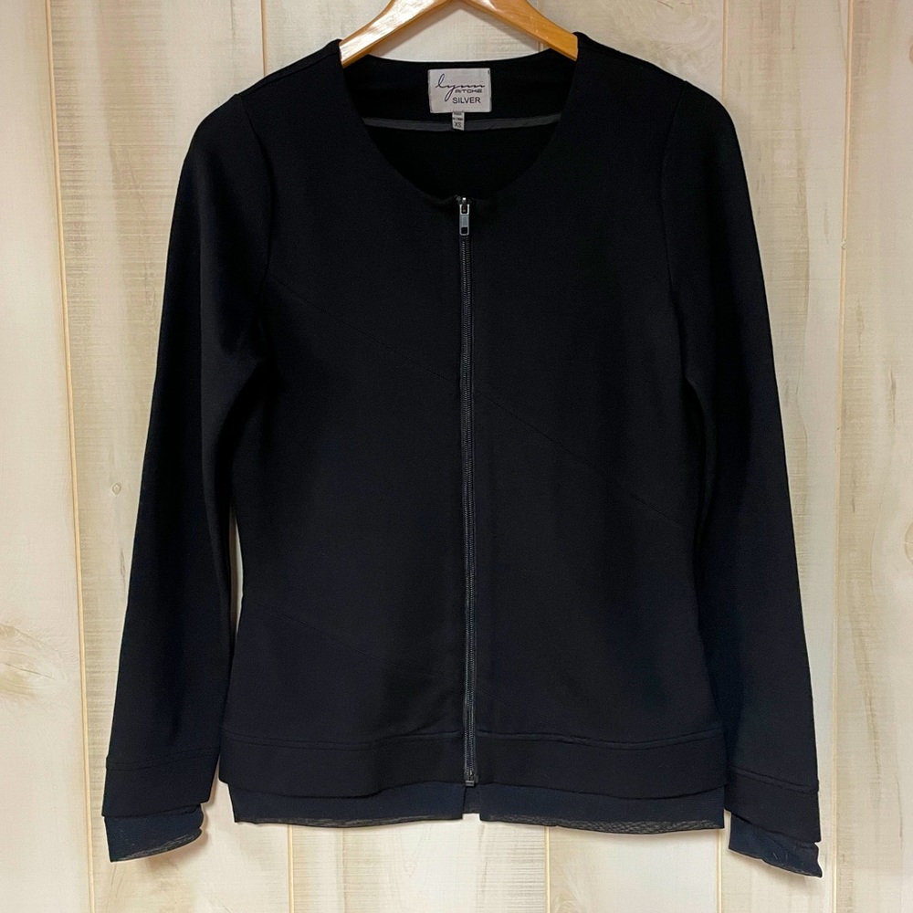 Lynn Ritchie Silver Black Zip Up Mesh Hem Jacket Sz XS